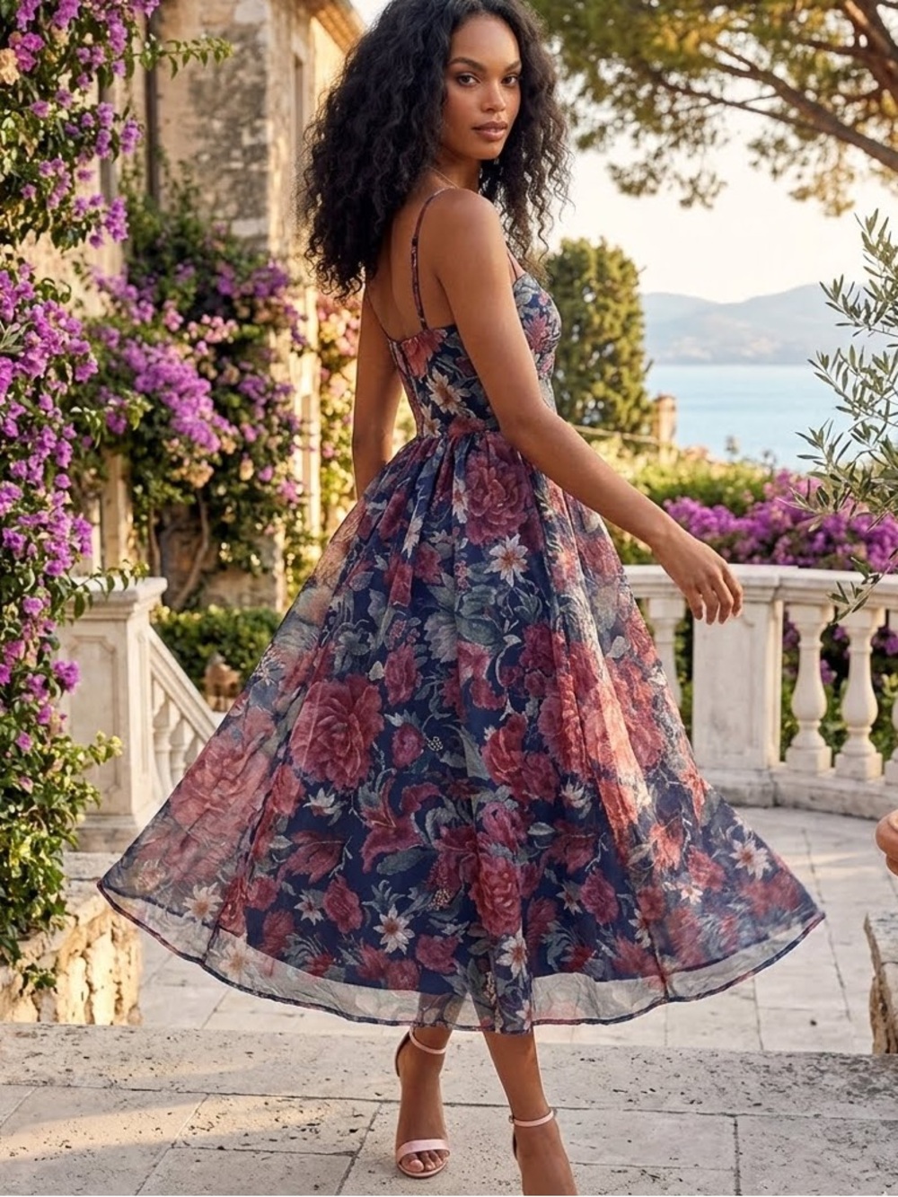 Lulu's Navy Blue & Rose Floral Midi Dress